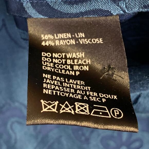 Size XL Blue Jacquard Linen Silk Floral One Pocket Long Sleeve Shirt - Picture 6 of 6